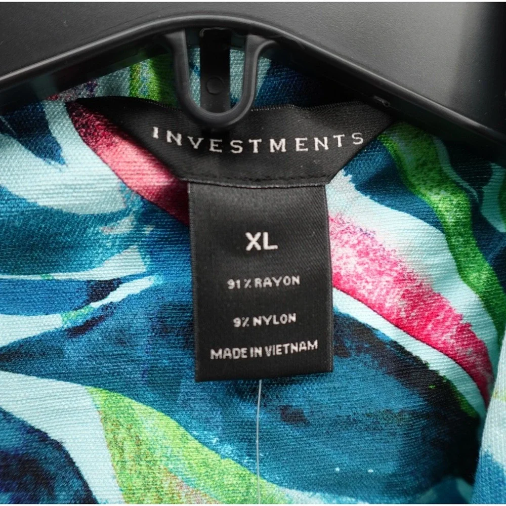Investments Tropical Leaf Print Open Front Blazer XL Teal‎ Green Pink